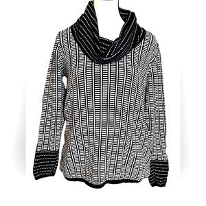Calvin Klein Black White Cowl Neck Sweater Size Medium 100% Cotton Grid Stripe
